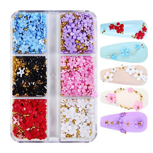 6 Grids Flowers Acrylic Nails 3D Floral Nail Charms Glitter Clear Flower with Gold Nail Ball Beads Designs Resin Flowers for Nail Art Decoration & DIY Crafting Design