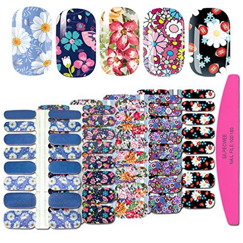 SILPECWEE 5 Sheets Flower Nail Polish Strips Self Adhesive Nail Stickers Full Nail Wraps Nail Art Accessories Nail Strips for Women with 1pc Nail File