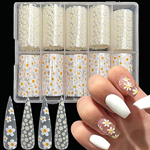 Flower Nail Art Foil Transfer Stickers,10 Rolls Small Daisy Nail Art Supplies Foil Transfers Decals Holographic Floral Flower Sunflower Nail Designs Stickers for Woman Girl DIY Manicure Decorations