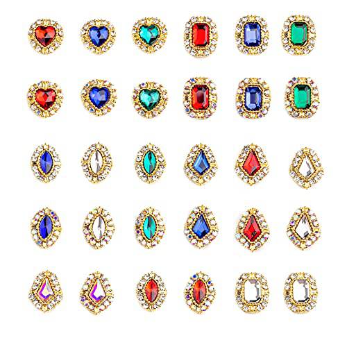 30ps Golden Flat-back Nail Art A/B Rhinestones Gems, Sparkling Big Glass Diamond for Nail Decoration, 4 Shapes Mixed Size 3D Heart Crystal Crafts Nail Accessories for DIY