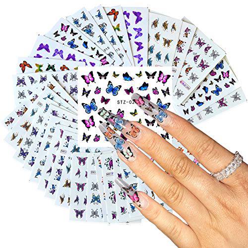 Comdoit 30 Sheets Butterfly Nail Art Stickers Colorful Butterflies for Nails Art Design Water Transfer Decals Butterfly Nail Art Foil Sticker Set Manicure Tips Butterfly Nail Decorations Kit
