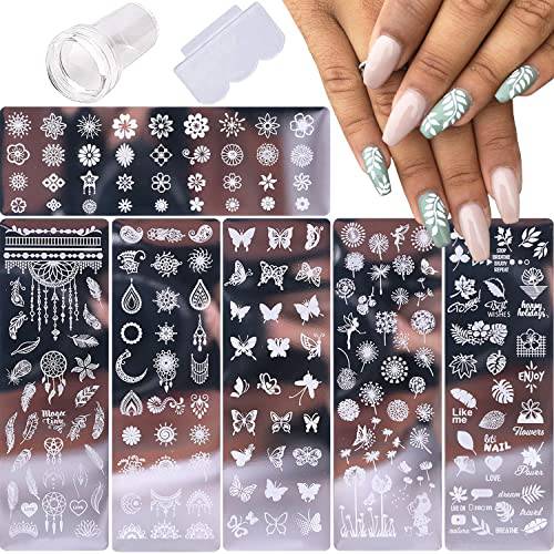 6 Pcs Flowers Nail Stamp Template Kit with 1 Stamper 1 Scraper Nail Stamping Plates Butterfly Palm Leaves Nail Art Templates Nail Stamper Stencil Plates Set Manicure Nail Supplies