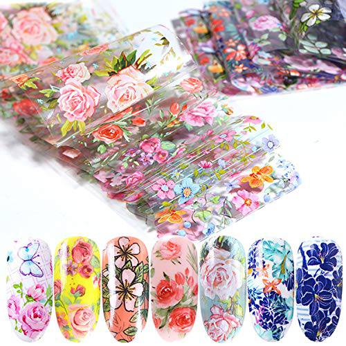 Retro Small Floral Flower Rose Pattern 10 Sheets Nail Decals Transfer Foil Box Nail Foil Transfer Sticker Design Manicure Tips Wraps Nail Art Supplies Adhesive Acrylic DIY Decoration