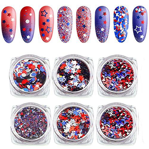 Independence Day Star Glitter 4th of July Nail Art Sequins,6 Boxes Holographic Nail Decals Mixed Star Hollow Hexagon Circles Confetti Shaped for Women Girls Face Body Nail Decoration
