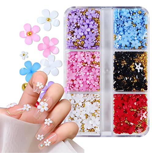 3D Flower Nail Art Charms, Light Change Nail Decals for Acrylic Nails Floral Nail Charms Floret Five Petaled Flowers Resin Small Steel Beads Nail Designs for DIY Decorations Accessories Craft 6 Grids