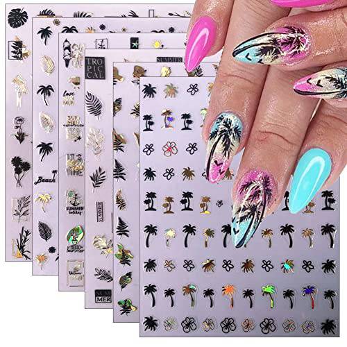 6 Sheets Gold Nail Stickers - DIY Nail Art Supplies for Women - 3D Self Adhesive Flower Nail Art Stickers - Black Gold Laser Summer Palms Leaves Coconut Trees Nail Designs for Acrylic Nails Decoration