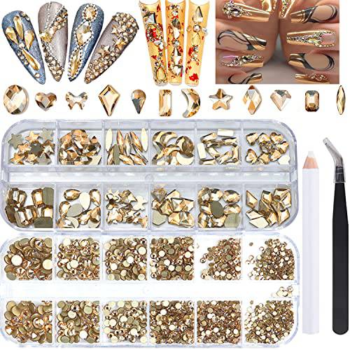 BELICEY Champagne Gold Crystal Rhinestones for Nails Sets 2120Pcs Nail Art Rhinestone Multi Shapes Flatback Gems Stone for Nail Design DIY Makeup Jewelry Crafts Accessories