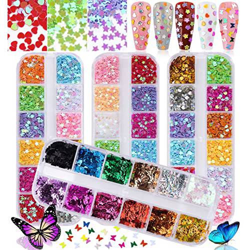 Kalolary 4boxes Butterfly Heart Shape Nail Art Glitter Sequins, Laser Holographic 3D Thin Star Heart Butterfly Plum Blossom Glitter for Valentine’s Day Nail Art Decoration Resin Mold DIY