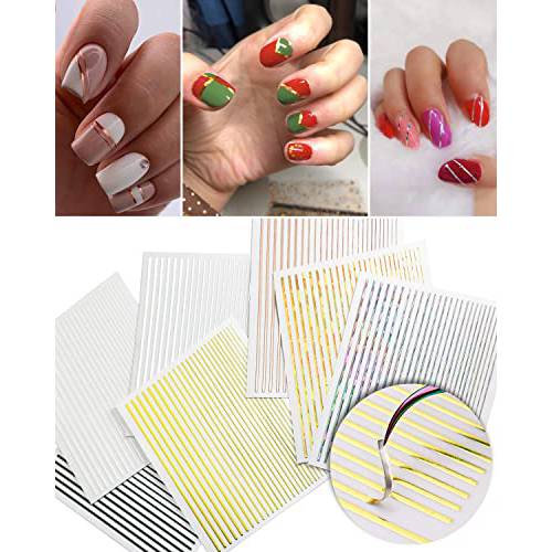 7 Sheets Nail Striping Tape Metallic Lines French Tip Manicure Strip Adhesive Holographic Foil Design Gold Sticker Decals for Nail Art