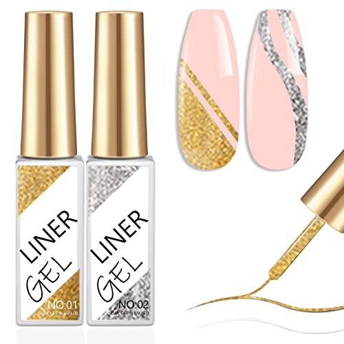 COOSA Gel Liner Nail Art Polish Painted Set - Painting Drawing UV LED Nail Art with Built Thin Line Brush in Gel Pens Soak Off Manicure Salon DIY at Home for Nail Manicure for Gift【Gold and Sliver】