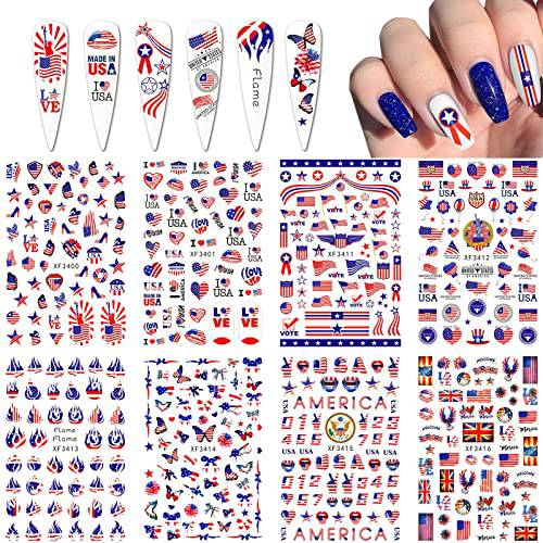 8 Sheets American Independence Day Nail Art Stickers, USA 3D Self-Adhesive Traditional Patriotic Element Acrylic Nail Decals for Fourth of July Memorial Day.