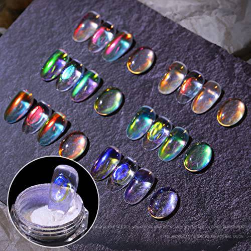 6 Boxes Ice Transparent Aurora Nail Powder Neon Rainbow Holographic Chameleon Powder Multi Chrome Iridescent Pigment Pearlescent Nail Art Glitters (Pattern 1)