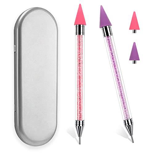 ANGNYA 2 Pack Rhinestone Picker With Two Replaceable Wax Heads,Diamond Painting Dotting Pen Tool,Dual Ended Design Crystal Beads Acrylic Handle Stainless Steel Double Head(Pink Purple)