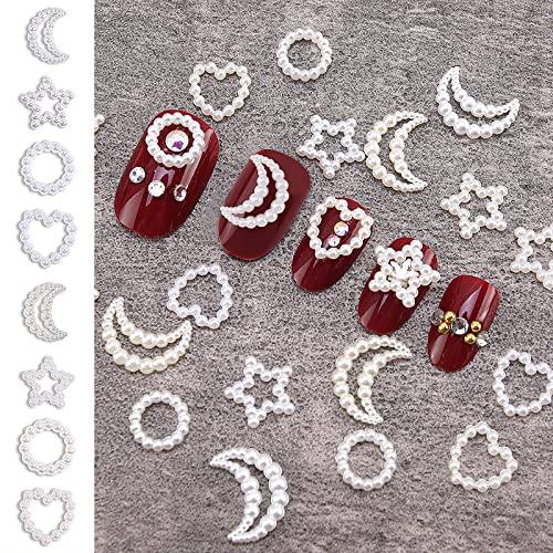 100Pcs White Pearls Nail Charms Acrylic Multi shapes Flower Heart Star Moon Bowknot Circle Pearls 3D Nail Art Charms for Manicure DIY Crafting Jewelry Clothes Shoes Accessories