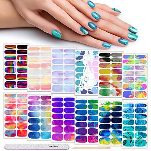 DANNEASY 12 Sheets Nail Polish Strips Rainbow Gradient Self Adhesive Nail Stickers Full Nail Wraps for Women Girl Stick on Nails Gel Nail Strips Nail Accessories