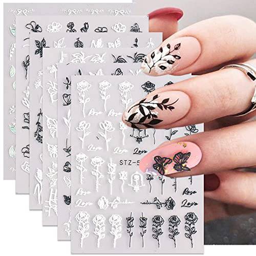 5D Butterfly Flower Leaf Nail Art Stickers Decals, 6 Sheets 5D Engraved Flower Nail Decals Black White Nail Art Accessories Butterfly Nail Designs Self Adhesive Rose Nail Stickers for Women Girls