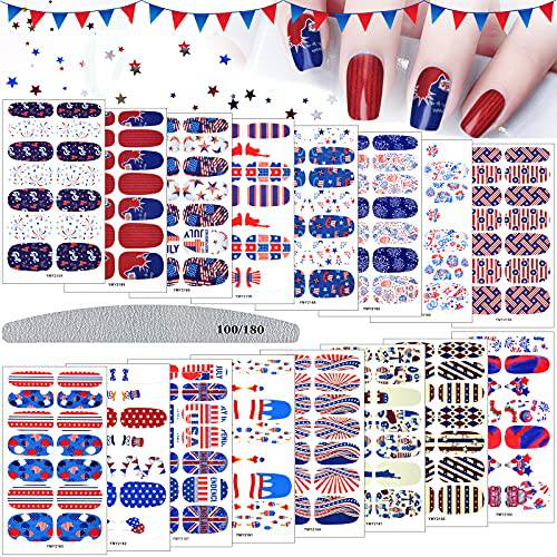 16 Sheets 4th of July Nail Polish Stickers Strips EBANKU Patriotic American Flag Nail Wraps Full Wraps Independence Day Nail Strips Self-Adhesive with Nail File