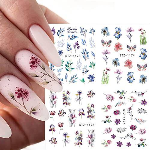 Flowers Nail Art Stickers Decals Floral Leaf Watercolor Nail Art Decals Transfer Foils for Nails Supply Butterfly Flowers Designs Nail Tattoo Sliders for Women DIY Manicure Nail Decorations 12PCS