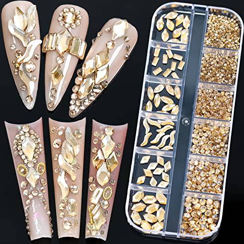 Rhinestones for Nails-DOYIZZ Champagne Gold Flat Back Gems Multi Shapes Rhinestones Round Crystal Rhinestones, for Nail Art Craft Clothes Shoes Bags