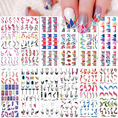 72 Sheets Colorful Stripes Nail Art Stickers Water Transfer Line Nail Decals Wavy Stripe Heart Nail Stickers for Nail Art Decoration French Nail Art Stickers for Women Girls