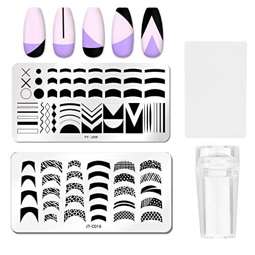 2 Pcs Nail Stamping Plates French Tip Pictures Nail Art Stamping Template Stainless Steel Nail Design Stencil Tools Nail Design Stamp French Tip Stamp with 1 French Tip Nail Stamp 1 Scraper
