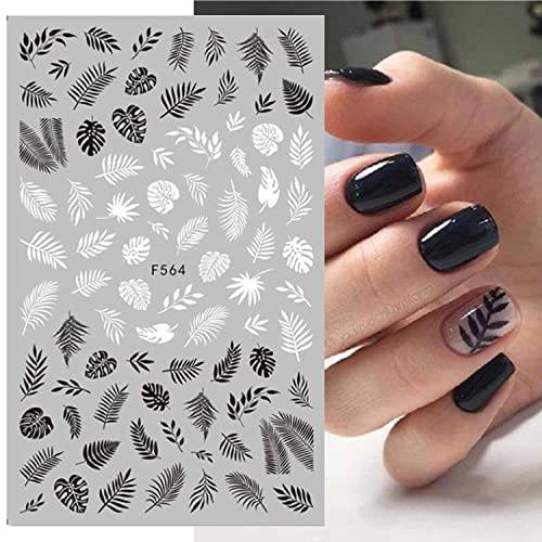 8 Sheets Black White Leaves Flower Nail Art Stickers Decals 3D Tropical Plants Mandala Leaf Geometry Transfer Decals Nail Art Decorations for Women Girls (White & Black)