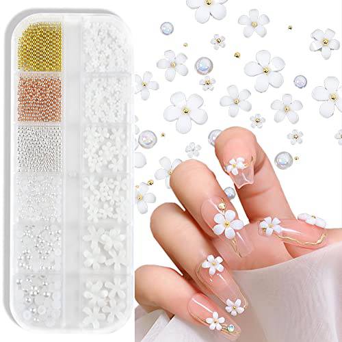 3D Flower Nail Charms, 12 Grids White Flowers Nail Decals for Acrylic Nails Floral Nail Charms Nail Art Supplies Nail Pearls Flower Resin Small Steel Beads Nail Designs Manicure DIY Nail Decorations