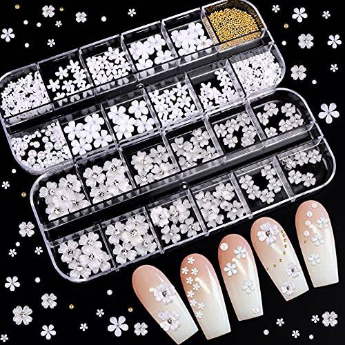 3D White Flower Nail Charms for Acrylic Nails, Lorvain 24 Grid Nail Art Decoration Flower Golden Beads Design Decals for Women Girls DIY Manicures Jewelry Salon Nail Studs Accessories