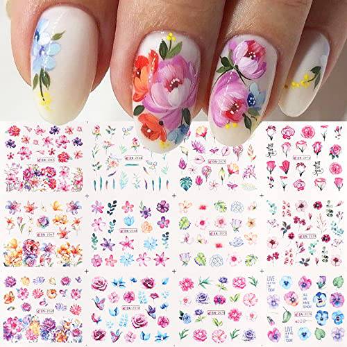 HAUTN Flower Nail Art Stickers 12 Sheets Nail Decals for Women Manicure Design Decorations Assorted Blooming Flower Leaf Patterns Nail Water Transfer Stickers for Fingernails Toenails Tips Decor