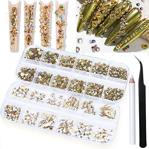1920Pcs Gold Champagne Rhinestones for Nails, Flatback Gold Rhinestones Gems Crystals Glass Stones Multi Shapes Sizes Nail Rhinestones with Tweezers Pen for Nail DIY Crafts Jewelry