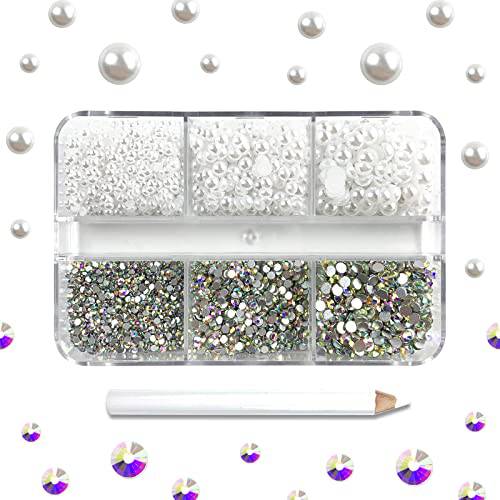 4300 Nail Rhinestones - Rhinestones & Pearls, Multi Size Shiny Rhinestone Pearls for Nail Art (White Pearls+AB Rhinestones)