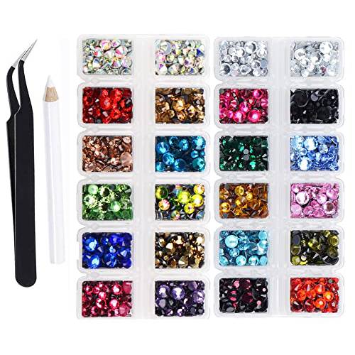 FYGEM 7000 pieces 5 Sizes Hotfix Iron Flatback Glasses Rhinestones Crystal for DIY Project with Tweezers and Picking Pen for Bags, Shoes, Clothes and Manicure (5 Sizes, 22-Colors) (FYGEM0022)