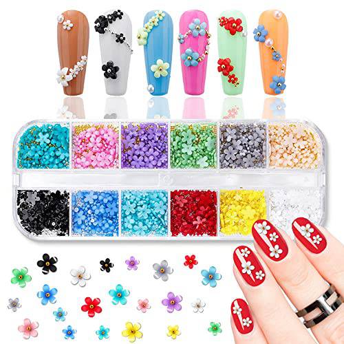 ForSewian 3D Flower Nail Charms with Caviar Beads for Acrylic Nails Design, 12 Colors Resin Flowers Nail Decals with Pearls for Nail Art DIY Decorations