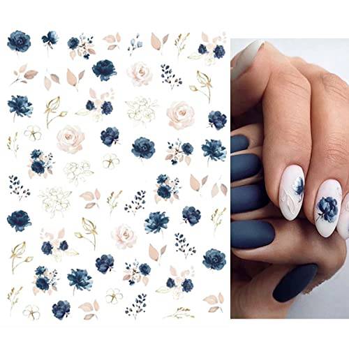Flower Nail Art Stickers Decals, Watercolor Royalblue White Flowers 3D Nail Stickers 6PCS Butterfly Floral Leaves Nail Decals for Acrylic Nails Summer Nail Art Decorations Supplies Manicure Decor Tips