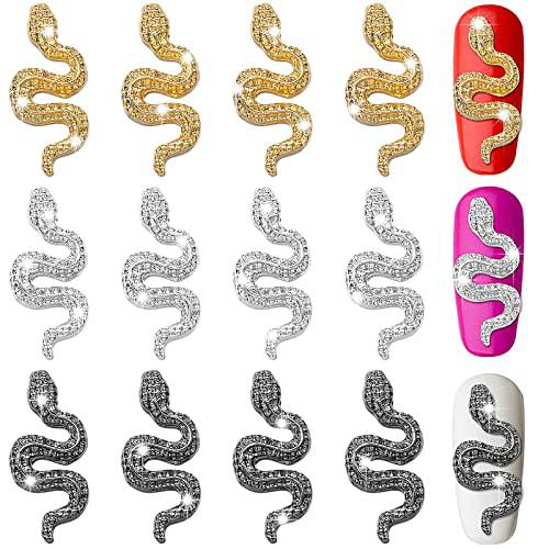 12 Pcs 3D Snake Nail Charms 3D Nail Charms with Rhinestones Alloy Snake Wave Crystal Rhinestones Nail Snake Art Metal Nail Jewelry Accessories Gold Silver Black Nail Charms for Nail Art Decoration DIY