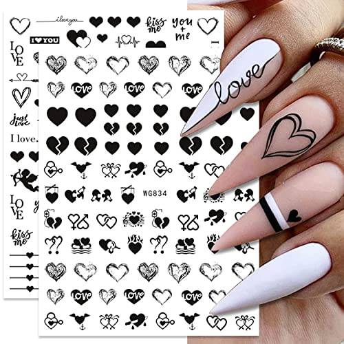 Valentines Day Nail Art Stickers Decals Valentines Day Nail Decorations Accessories Black Heart Love Lips 3D Self-Adhesive Slider Letters Decals Manicure Accessories 6 Sheets (Heart)