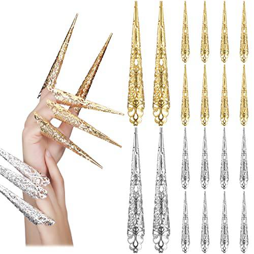 Leelosp 20 Packs halloween Finger Nail Claw Rings Ancient Queen Fingernail Claw Metal Finger Knuckle Claw for Halloween Women Cosplay Costume Drama Dance Show (Gold, Silver)
