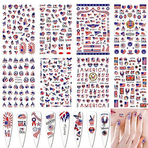 Flag Nail Stickers Independence Day Nail Sticker July 4, August 7 Patriotic Designer Nail Art Decals 3D Self-Adhesive American Flag Nail Stickers for Women Girls Manicure 400+ Patterns