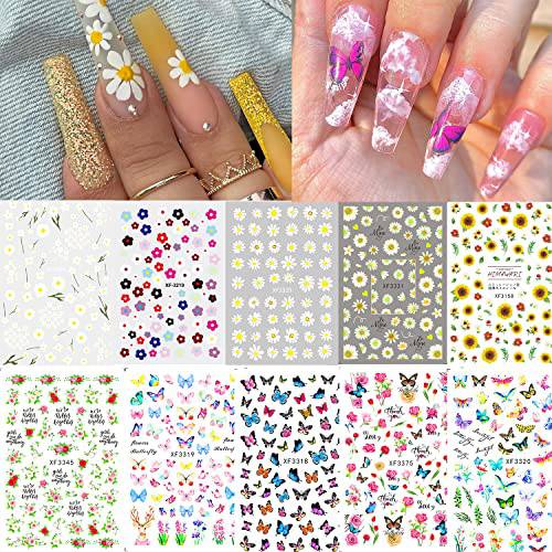 gootrades 10 Sheets Butterfly Flowers Nail Stickers, Self-Adhesive Daisy Sunflowers Roses Floral Summer Nail Design Stickers for Women Nail Art Gel Polish Decoratio