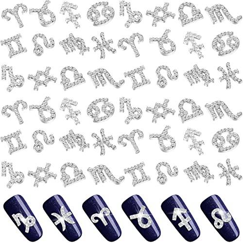 48 Pcs Zodiac Nail Charms 3D Rhinestone Zodiac Signs 3D Jewelry Nail Art Nail Charms Silver DIY Horoscope Nail Art for Jewelry Making Nail Necklace Bracelet Earrings Crafts Supplies (Silver)