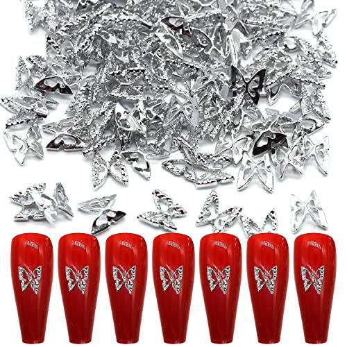 WOKOTO 100pcs Silver Butterfly Nail Charms For Acrylic Nails Butterfly Jewelrys 3d Nail Charms Nail Jewelry For Acrylic Nails Art 3d Butterfly Charms Silver Nail Studs Charms For Nails Designs