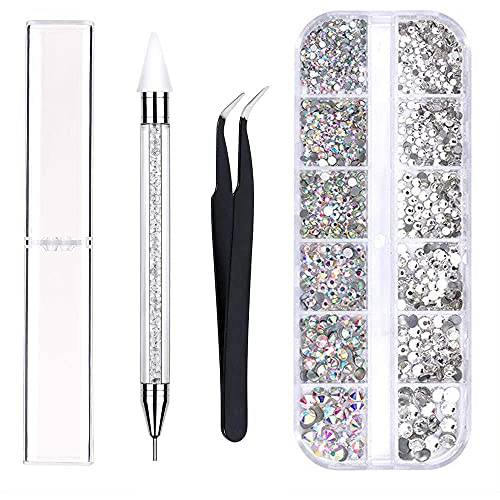 Alminionary Clear Crystal AB Nail Art Rhinestones Decorations Kit in 6 Sizes Flatback Gems Nail Stones with Pick Up Tweezer and Rhinestone Picker Dotting Pen for Nail Art Craft Supplies