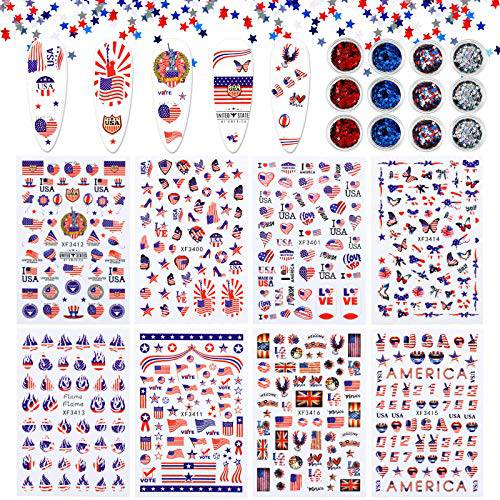 8 Pieces Independence Day Nail Artistic Stickers 3D Self-Adhesive Patriotic American Flag Nail Decals and 12 Grids Star Glitter Nail Sequins Holographic Nail Sequins for Manicure Independence Day