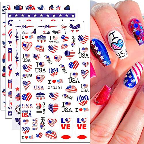 8 Sheets 4th of July Nail Stickers 3D Self-Adhesive American Independence Day Parade Nail Decal Nail Art Decoration Supplies National Flag Star Butterfly Heart Shape Design for Women Nail Art Accessories Parade Decoration