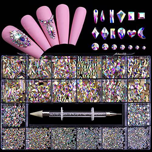 Nail Rhinestones Kit, Nail Art Decorations Flat AB Rhinestones Kit DIY Crafts Gemstones for Nail, Shoes, Clothes, Jewels (600 Iridescent diamonds + 2500 flat rhinestones)
