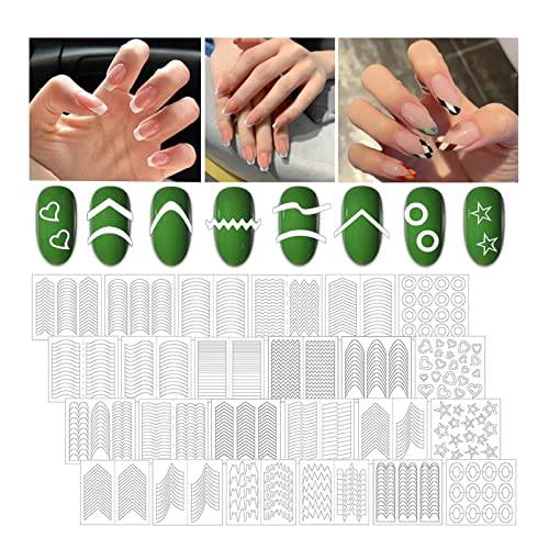 24 Sheets French Nail Stickers，30 Designs Nail Art Stencils French Nail Tips Guides Stickers for DIY Nail Design Salon Women Girls，Heart Shape Star Wave Smile Shapes Image.
