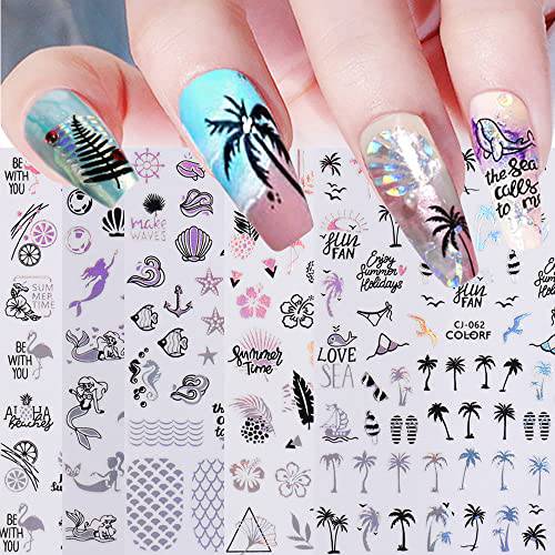 Summer Nail Stickers, Holographic Beach Nail Decals 3D Self -Adhesive Palm Tree Mermaid Tropical Ocean Animal Summer Nail Design Laser Palm Tree Nail Art Stickers DIY Nail Decoration for Women Girls(8Sheets)