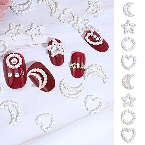 100Pcs Pearls Nail Charms Multi-shaped Acrylic Heart Star Circle Bowknot Cute Assorted White Pearls 3D Nail Art Charms for Nail Art DIY Crafting