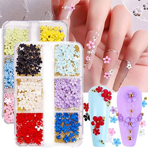 12 Colors Flower Nail Charms for Acrylic Nails, 3D Flowers for Nails Spring Cheery Blossom Acrylic Flower Nail Art Charms 3D Nail Flowers Gems with Metal Beads for Women Manicure DIY Nail Decorations