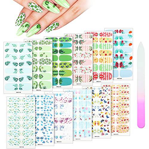 168 Pieces 12 Sheets Full Wraps Nail Polish Stickers Self-Adhesive Nail Art Decal Strips Full Cover Nail Decal Strips with Nail File Manicure Kits DIY Nail Art for Women Girls